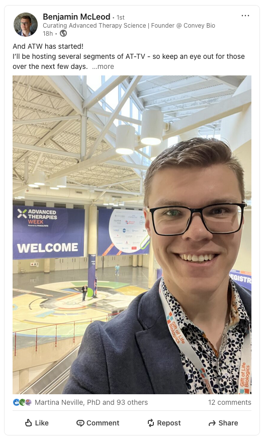 If you don’t have a booth, a selfie in front of the conference hall can also work well